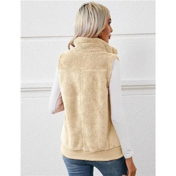 New Womens Fuzzy Fleece Vest, Casual Warm Sleeveless Zip Up Sherpa Vest - Picture 3 of 6